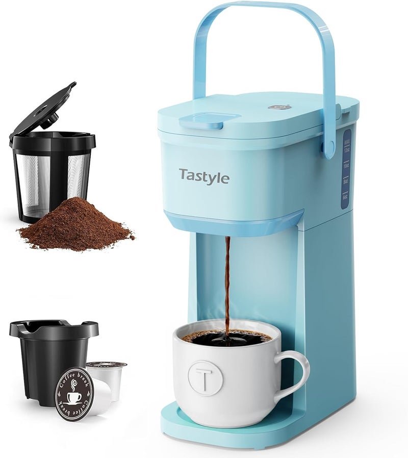 Tastyle Single Serve One Cup Coffee Maker, for K Cups and Grounds, Mini Coffee Maker with Portable Handle, 6 to 12 Oz Brew Size, for Travel, Camping, Office, RV and Dorm, 120V, Aqua - Image 1